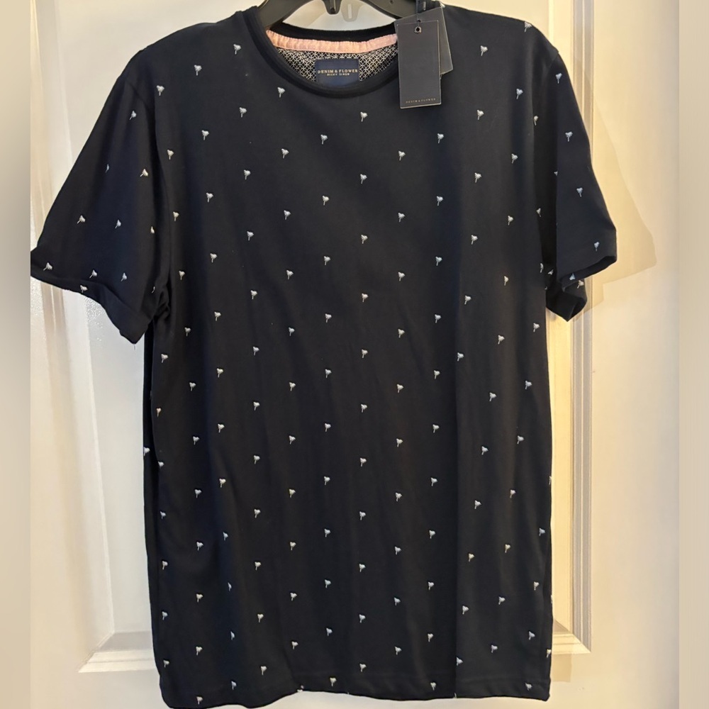 Men's Denim & Flower Navy Short-Sleeve Tee with Micro Palm Print Sz M